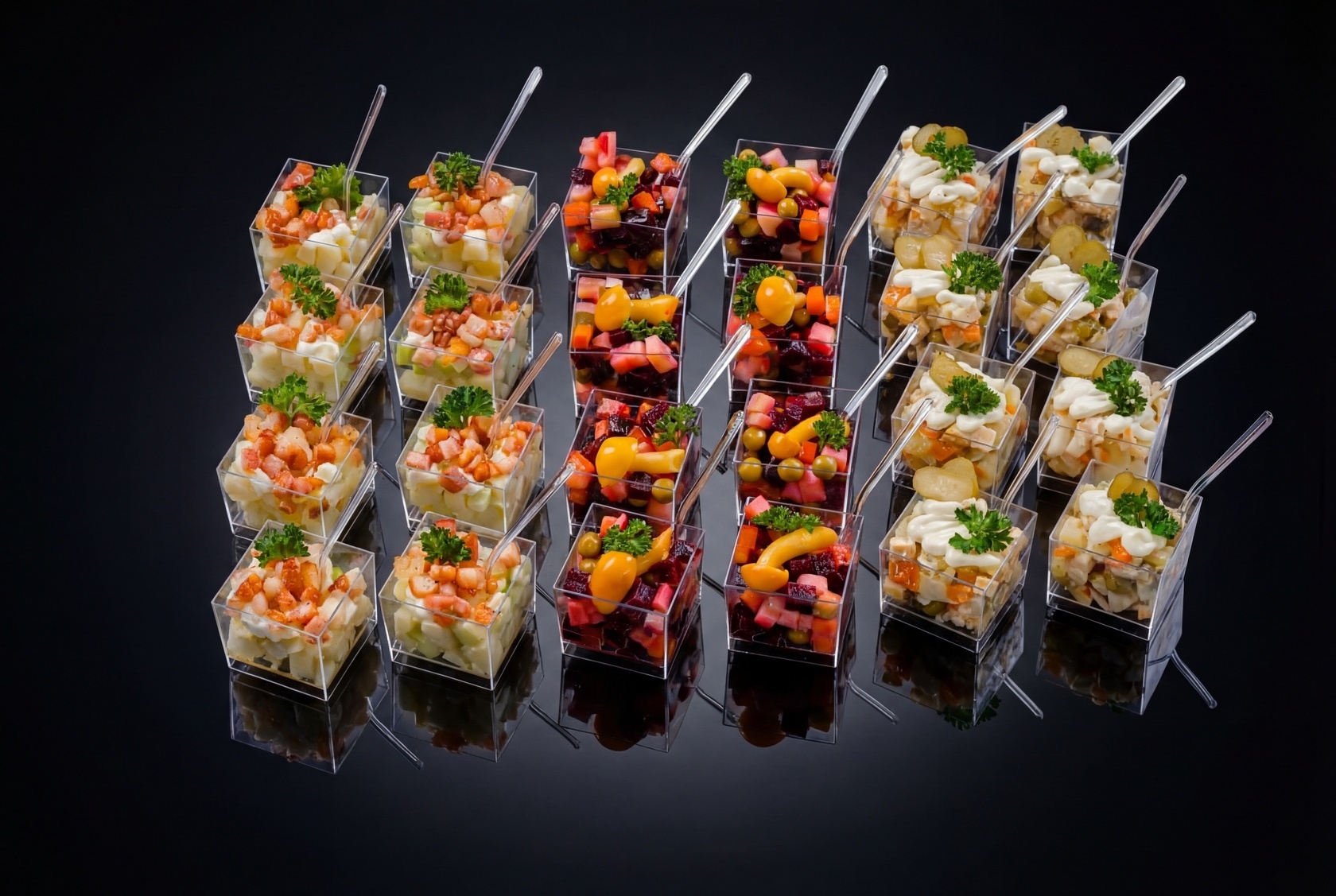 Веррины с салатами «оливье», «винегрет» и «картофельный с беконом», 24 шт