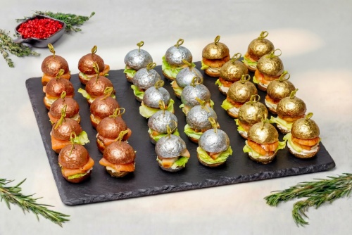 Блестящие нано бургеры с лососем, креветкой и масляной рыбой, 30 шт